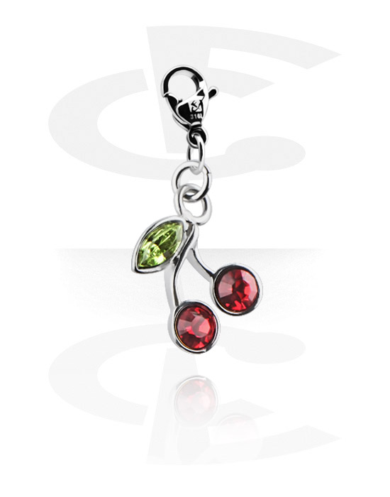Porte-charms, Pendentif pour bracelets à pendentifs avec motif cerise et pierres en cristal, Laiton plaqué