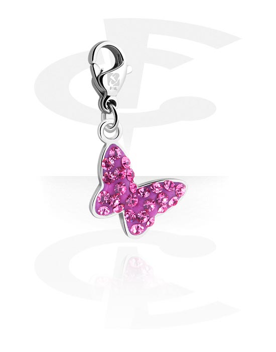 Porte-charms, Pendentif pour bracelets à pendentifs avec motif papillon et pierre en crystal en différentes couleurs, Laiton plaqué