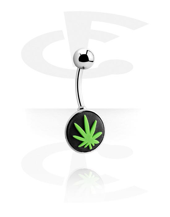 Curved Barbells, Belly button ring (surgical steel, silver, shiny finish) with Marijuana leaf, Surgical Steel 316L