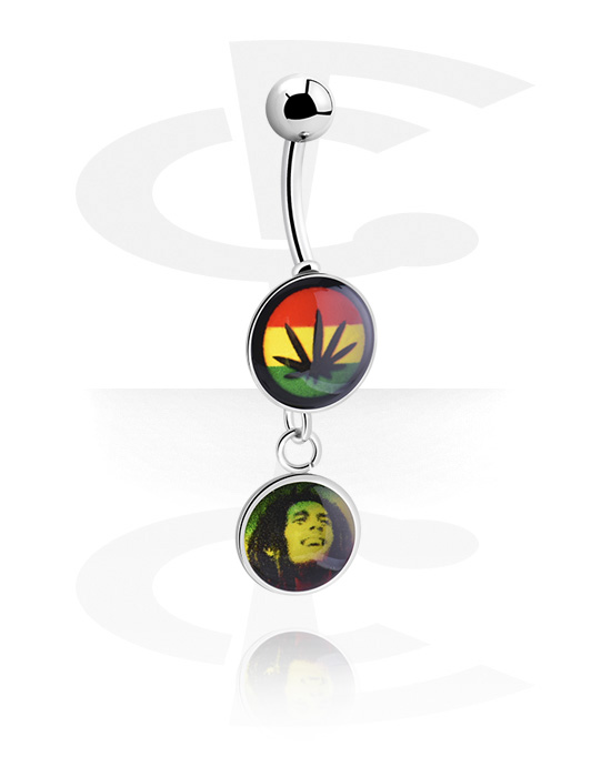 Curved Barbells, Belly button ring (surgical steel, silver, shiny finish) with Marijuana leaf and motif "Bob Marley", Surgical Steel 316L