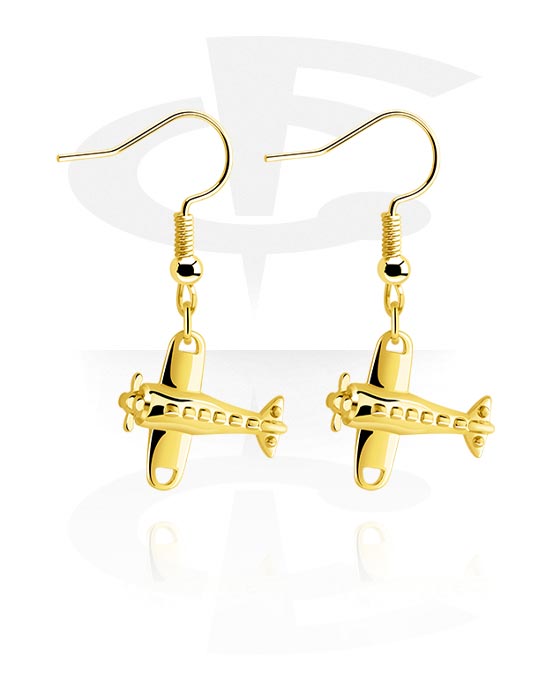 Earrings, Studs & Shields, Earrings with airplane design, Gold Plated Surgical Steel 316L, Plated Brass