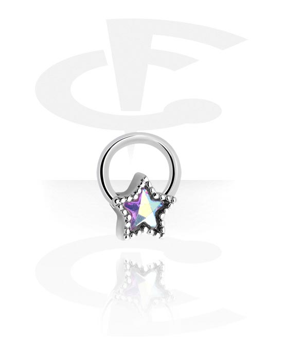 Anneaux, Ball closure ring (acier chirurgical, argent, finition brillante) avec motif étoile et pierre en cristal, Acier chirurgical 316L
