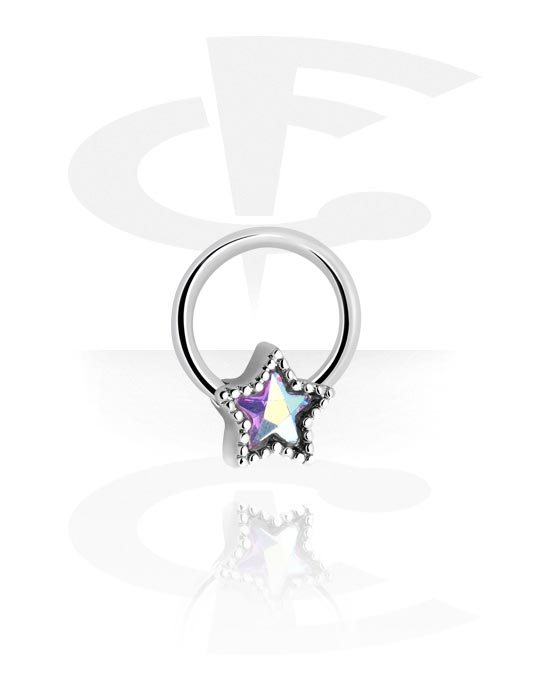 Piercing Rings, Ball closure ring (surgical steel, silver, shiny finish) with star design and crystal stone, Surgical Steel 316L