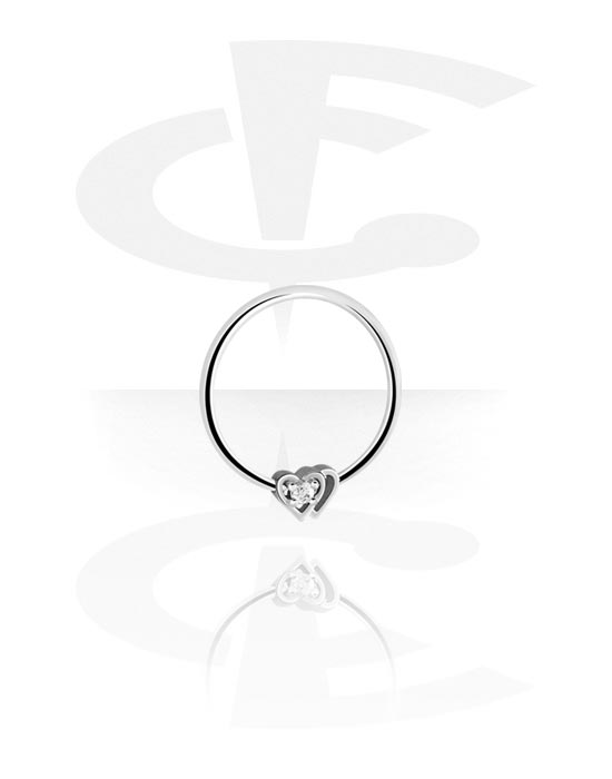 Alke za piercing, Prsten s kuglicom (kirurški čelik, srebrna, sjajna završna obrada) s dizajnom srca i kristalnim kamenom, Kirurški čelik 316L
