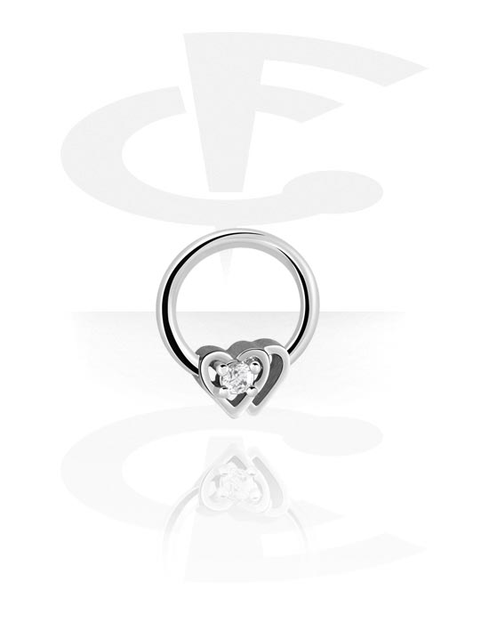 Anneaux, Ball closure ring (acier chirurgical, argent, finition brillante) avec motif coeur et pierre en cristal, Acier chirurgical 316L