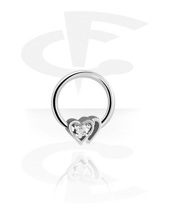 Anneaux, Ball closure ring (acier chirurgical, argent, finition brillante) avec motif coeur et pierre en cristal, Acier chirurgical 316L