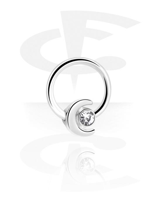 Anéis piercing, Ball closure ring (aço cirúrgico, prata, acabamento brilhante) com acessório lua e pedra de cristal, Aço cirúrgico 316L, Latão revestido