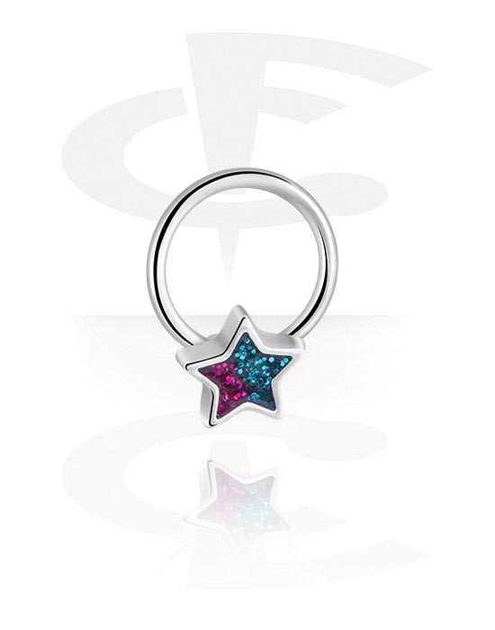 Piercing Rings, Ball closure ring (surgical steel, silver, shiny finish) with star attachment, Surgical Steel 316L, Plated Brass