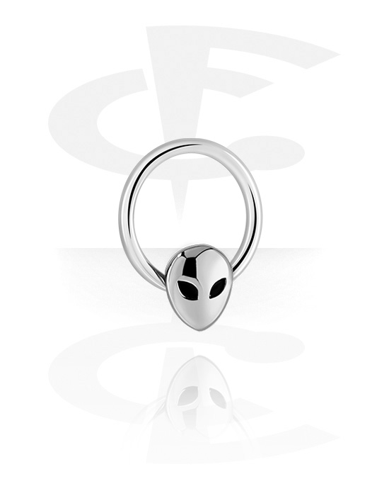 Piercingové kroužky, Kroužek s kuličkou (chirurgická ocel, stříbrná, lesklý povrch) s designem mimozemšťan, Chirurgická ocel 316L, Pokovená mosaz