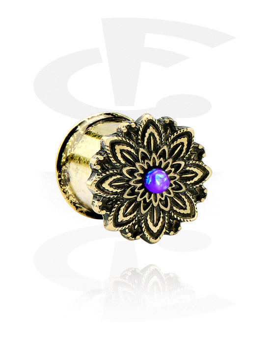 Tunnels & Plugs, Double flared tunnel (surgical steel, antique gold) with vintage flower design, Gold Plated Surgical Steel 316L
