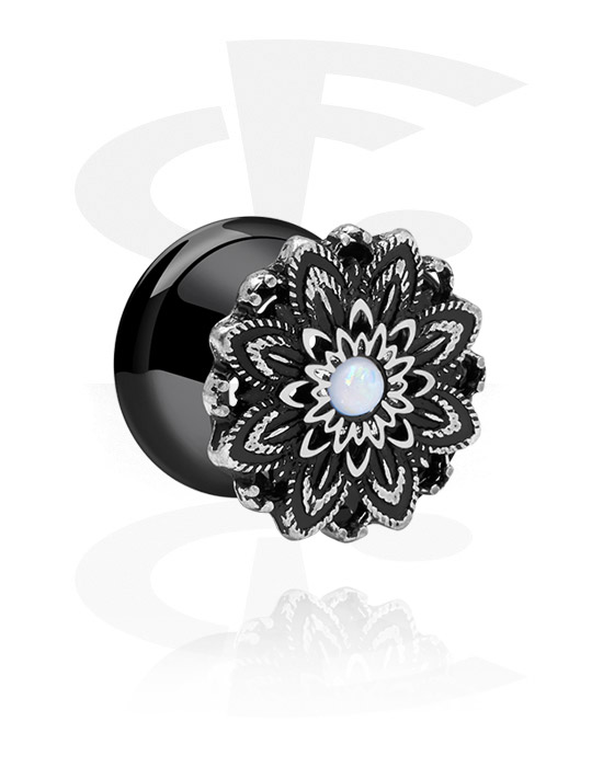 Tunnels & Plugs, Double flared tunnel (surgical steel, black, shiny finish) with flower attachment and mother of pearl stone, Surgical Steel 316L
