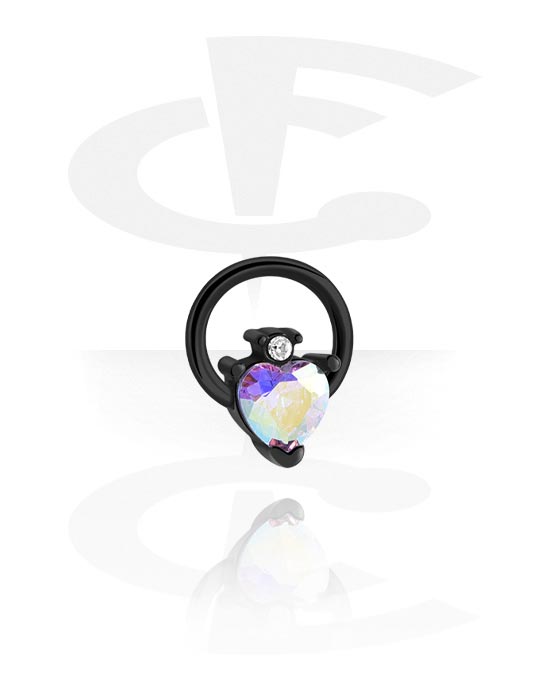 Anneaux, Ball closure ring (acier chirurgical, noir, finition brillante) avec accessoire coeur et pierres en cristal, Acier chirurgical 316L