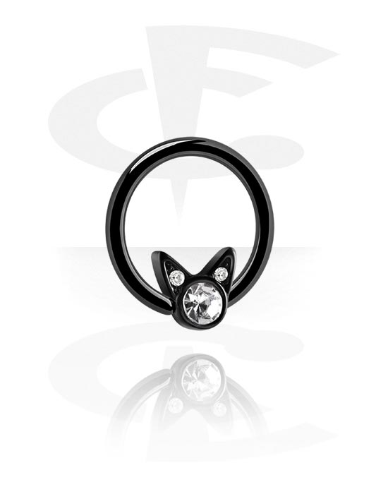 Anéis piercing, Ball closure ring (aço cirúrgico, preto, acabamento brilhante) com pedras de cristal, Aço cirúrgico 316L, Latão revestido