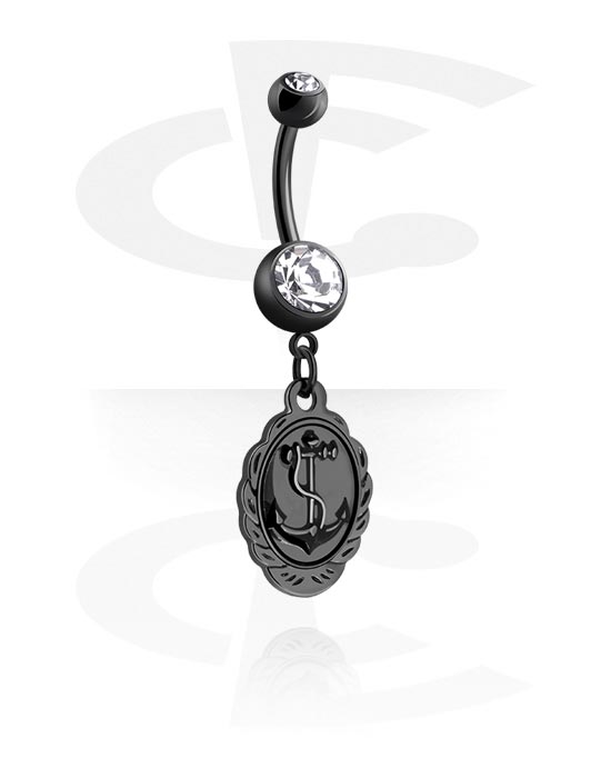 Curved Barbells, Belly button ring (surgical steel, black, shiny finish) with crystal stones and anchor charm, Surgical Steel 316L
