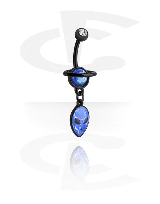 Curved Barbells, Belly button ring (surgical steel, black, shiny finish) with crystal stone and alien design, Surgical Steel 316L