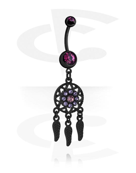 Curved Barbells, Belly button ring (surgical steel, black, shiny finish) with dreamcatcher charm and crystal stones, Surgical Steel 316L, Plated Brass
