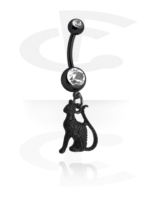 Ívelt barbellek, Belly button ring (surgical steel, black, shiny finish) val vel cat charm és Kristálykövek, Sebészeti acél, 316L