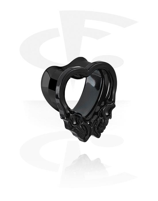 Tunnels & Plugs, Heart-shaped double flared tunnel (surgical steel, black, shiny finish) with skull design, Surgical Steel 316L