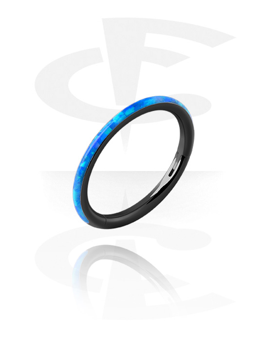 Piercing Rings, Piercing clicker (surgical steel, black, shiny finish) with synthetic opal, Surgical Steel 316L