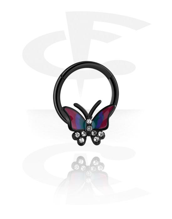 Piercingové kroužky, Piercingový clicker (chirurgická ocel, černá, lesklý povrch) s designem motýl a krystalovými kamínky, Chirurgická ocel 316L, Pokovená mosaz