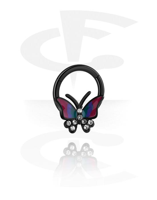 Piercing Rings, Piercing clicker (surgical steel, black, shiny finish) with butterfly design and crystal stones, Surgical Steel 316L, Plated Brass