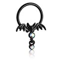 Piercing Rings, Piercing clicker (surgical steel, black, shiny finish) with bat design and crystal stones, Surgical Steel 316L ,  Plated Brass