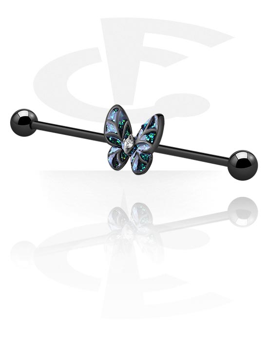Barbells, Industrial Barbell with butterfly design and crystal stone, Surgical Steel 316L, Plated Brass