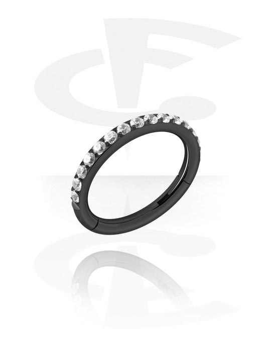 Piercingové kroužky, Piercingový clicker (chirurgická ocel, černá, lesklý povrch) s krystalovými kamínky, Chirurgická ocel 316L