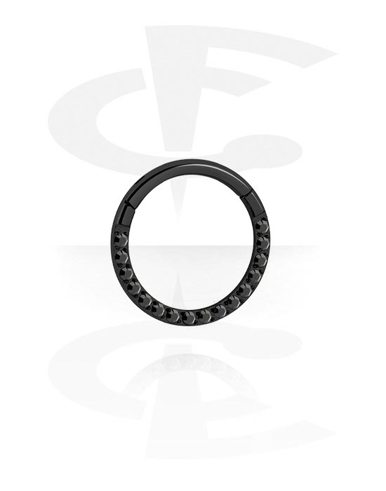 Piercingové kroužky, Piercingový clicker (chirurgická ocel, černá, lesklý povrch) s krystalovými kamínky, Chirurgická ocel 316L