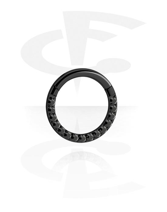 Anéis piercing, Piercing clicker (aço cirúrgico, preto, brilhante) com pedras de cristal, Aço cirúrgico 316L