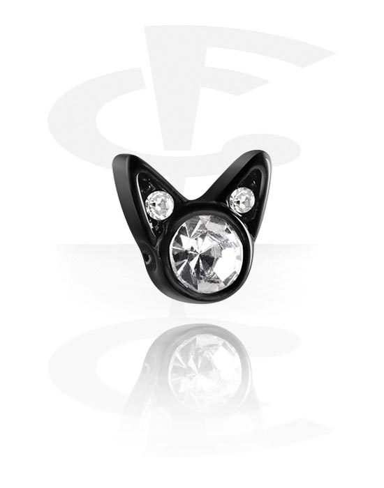 Balls, Pins & More, Attachment for ball closure rings (plated brass, black) with cat design and crystal stones, Plated Brass