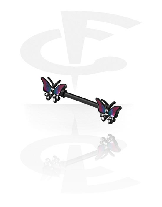 Piercings pezón, Barbell para el pezón con diseño de mariposa y brillantes, Acero quirúrgico 316L, Latón plateado