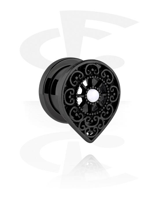 Tunnels & Plugs, Screw-on tunnel (surgical steel, black, shiny finish) with vintage design, Surgical Steel 316L