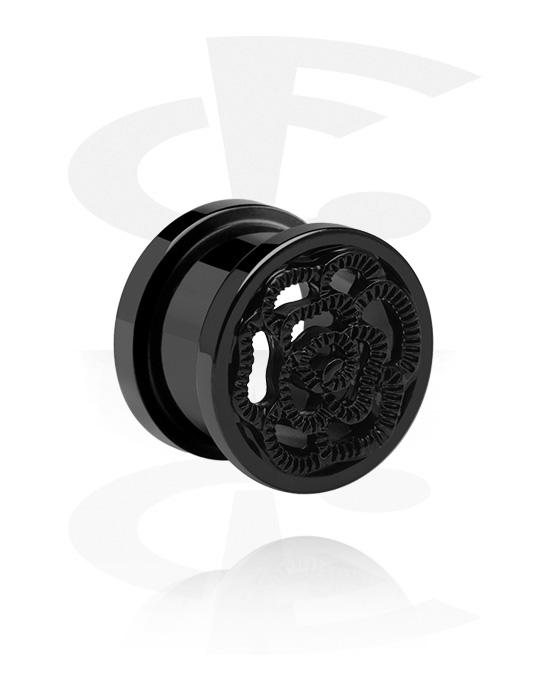 Tunnels & Plugs, Screw-on tunnel (surgical steel, black, shiny finish) with flower design, Surgical Steel 316L