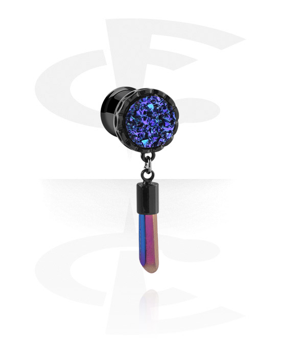 Tunnels & Plugs, Double flared tunnel (surgical steel, black, shiny finish) with diamond look and pendant, Surgical Steel 316L