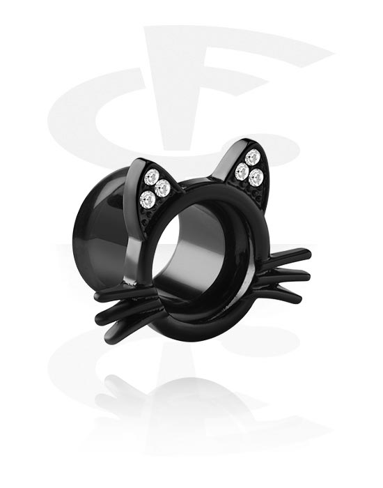 Tunnels & Plugs, Double flared tunnel (surgical steel, black, shiny finish) with cat design and crystal stones, Surgical Steel 316L