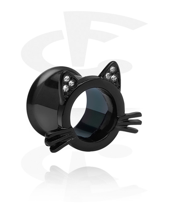 Tunnels & Plugs, Double flared tunnel (surgical steel, black, shiny finish) with cat design and crystal stones, Surgical Steel 316L