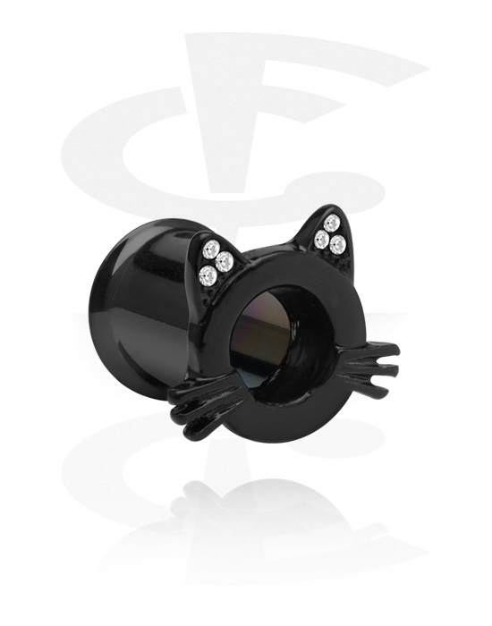 Tunnel & Plug, Double flared tunnel (acciaio chirurgico, nero) con design gatto e cristallini, Acciaio chirurgico 316L
