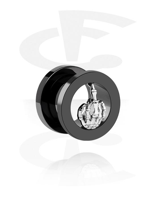 Tunnels & Plugs, Screw-on tunnel (surgical steel, black, shiny finish) with middle finger, Surgical Steel 316L