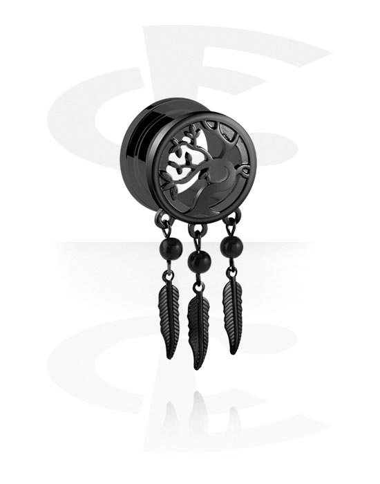 Tunnels & Plugs, Screw-on tunnel (surgical steel, black, shiny finish) with tree design and feather charm, Surgical Steel 316L