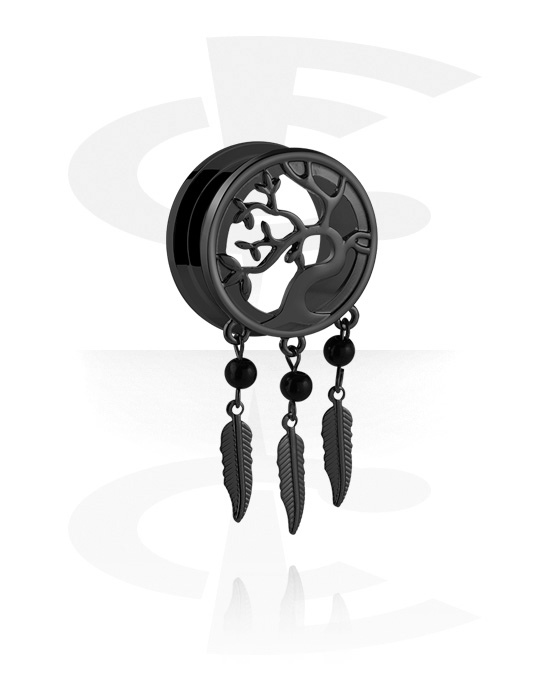 Tunnels & Plugs, Screw-on tunnel (surgical steel, black, shiny finish) with tree design and feather charm, Surgical Steel 316L