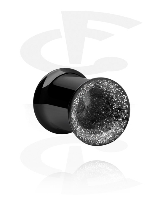Tunnels & Plugs, Double flared tunnel (surgical steel, black, shiny finish) with glitter, Surgical Steel 316L