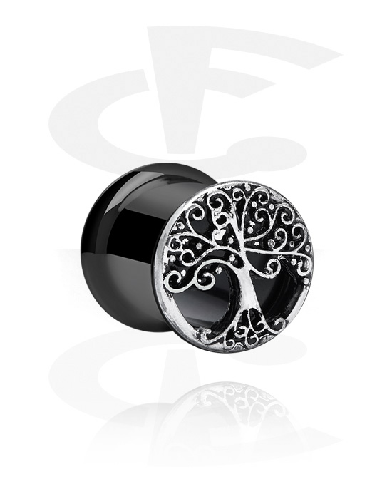 Tunnels & Plugs, Double flared tunnel (surgical steel, black, shiny finish) with tree design, Surgical Steel 316L
