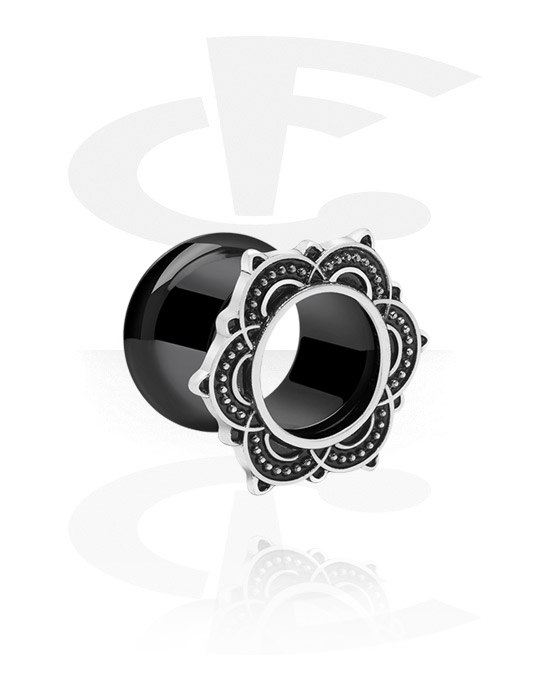 Tunnels & Plugs, Double flared tunnel (surgical steel, black, shiny finish) with mandala design, Surgical Steel 316L