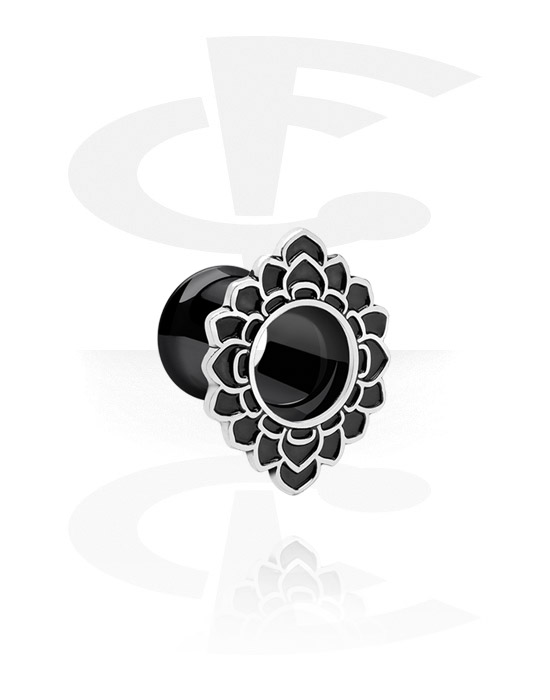 Tunnels & Plugs, Double flared tunnel (surgical steel, black, shiny finish) with flower design, Surgical Steel 316L