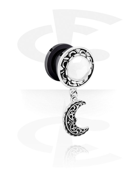 Tunnels & Plugs, Screw-on tunnel (surgical steel, black, shiny finish) with vintage design and half moon charm, Surgical Steel 316L