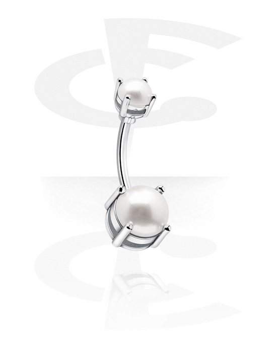 Curved Barbells, Belly button ring (surgical steel, silver, shiny finish) with imitation pearl, Surgical Steel 316L, Plated Brass