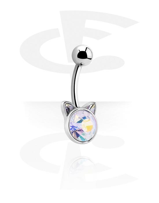 Curved Barbells, Belly button ring (surgical steel, silver, shiny finish) with cat design and crystal stone, Surgical Steel 316L, Plated Brass
