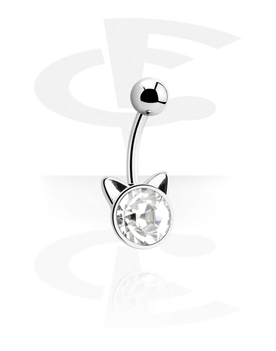 Bananer, Belly button ring (surgical steel, silver, shiny finish) med kattdesign och kristallsten, Kirurgiskt stål 316L, Överdragen mässing
