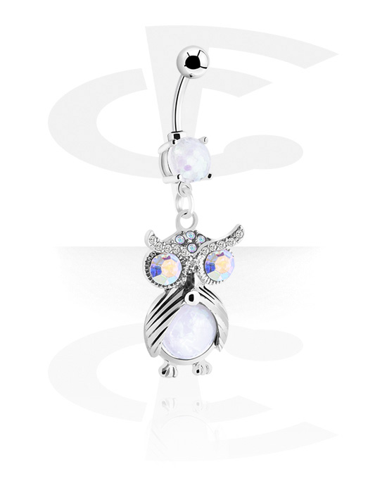 Curved Barbells, Belly button ring (surgical steel, silver, shiny finish) with owl charm and crystal stones, Surgical Steel 316L